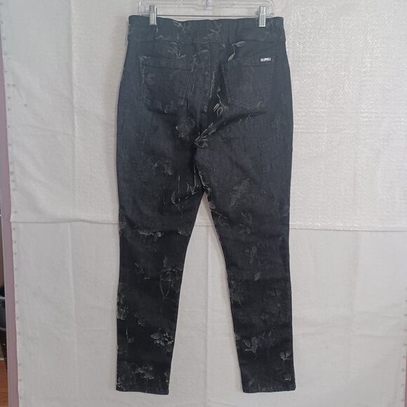 Joseph Ribkoff Jeans 12 Black Floral Velvet Flocked Pull On Stretch Denim Pants - Picture 2 of 10